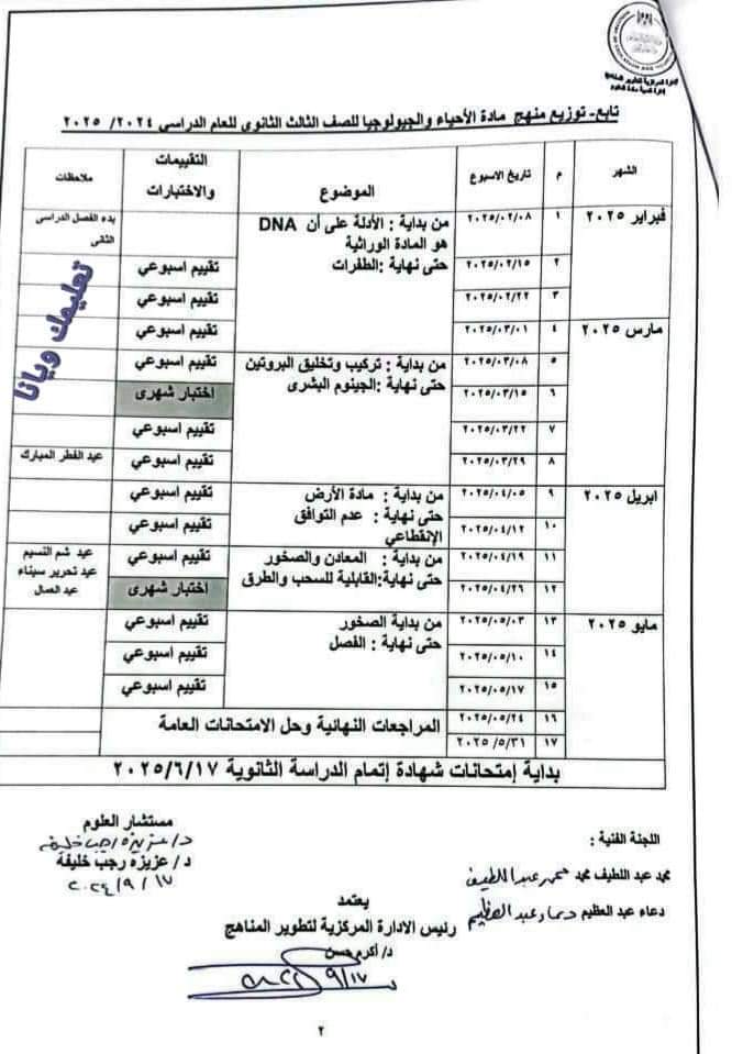 خطة توزيع منهج الأحياء والجيولوجيا للثانوية العامة 2025