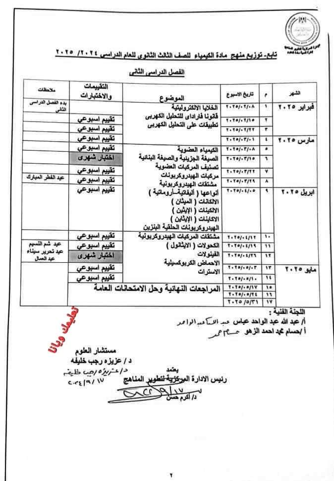 خطة توزيع منهج الكيمياء للثانوية العامة 2025