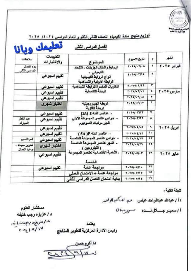 خطة توزيع منهج الكيمياء للصف الثاني الثانوي الترم الاول والثاني 2025 - توزيع منهج الكيمياء