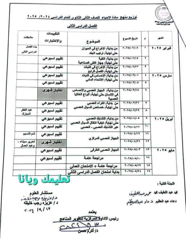 خطة توزيع منهج الاحياء للصف الثاني الثانوي الترم الاول والثاني 2025