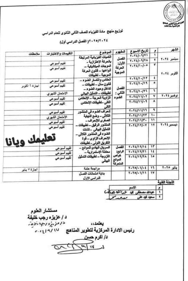 خطة توزيع منهج الفيزياء للصف الثاني الثانوي الترم الاول والثاني 2025