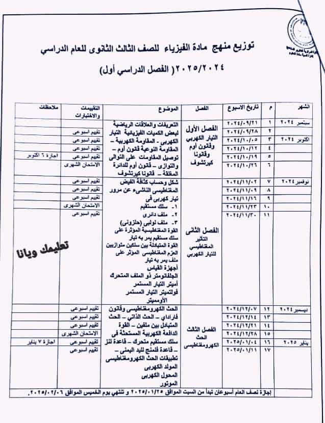 خطة توزيع منهج الفيزياء للصف الثالث الثانوي 2025