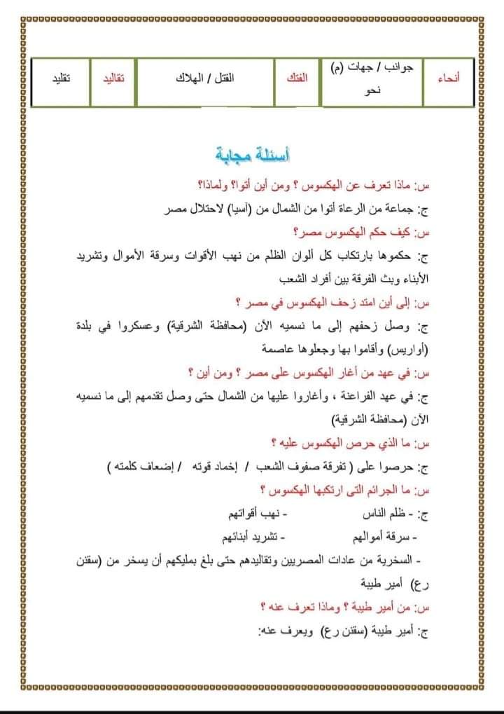 اقوى ملزمة ملخص قصة كفاح شعب مصر للصف الثاني الاعدادي