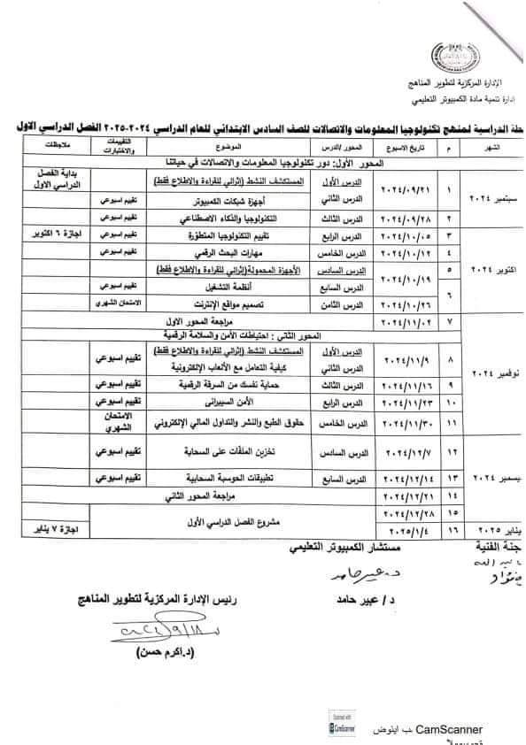 خطة توزيع منهج تكنولوجيا المعلومات للصف السادس الابتدائي الترم الاول والثاني 2025