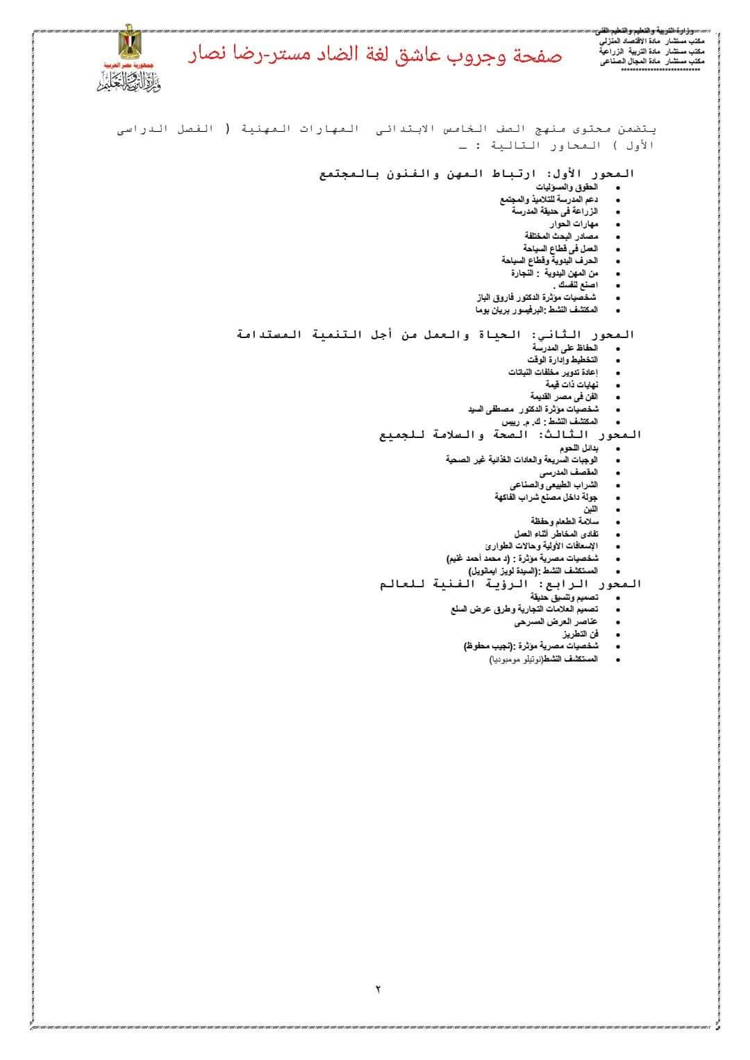 توزيع منهج المهارات المهنية الصف الخامس الابتدائي الترم الاول والثاني للعام الدراسي 2024 - 2025 - توزيع مناهج خامسة