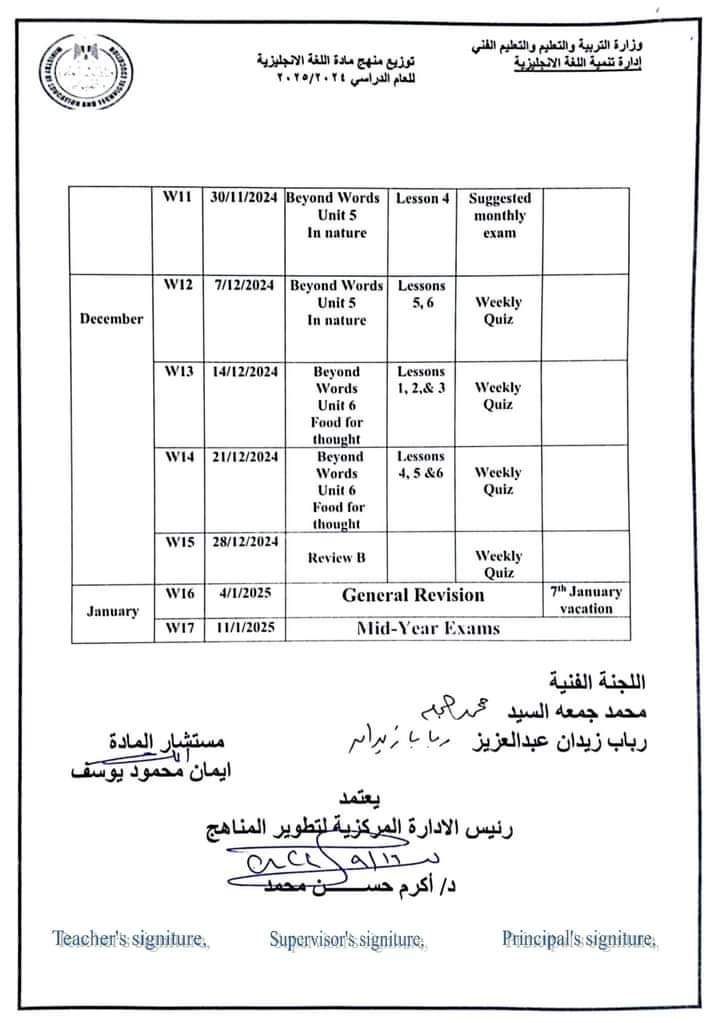 توزيع منهج مادة اللغة الإنجليزية الصف الاول الاعدادي الترم الاول 2025