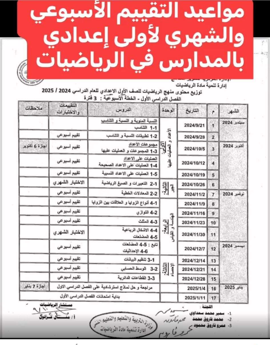 مواعيد التقييم الاسبوعى والاختبار الشهرى لمادة الرياضيات الصف الاول الاعدادي الترم الاول 2025