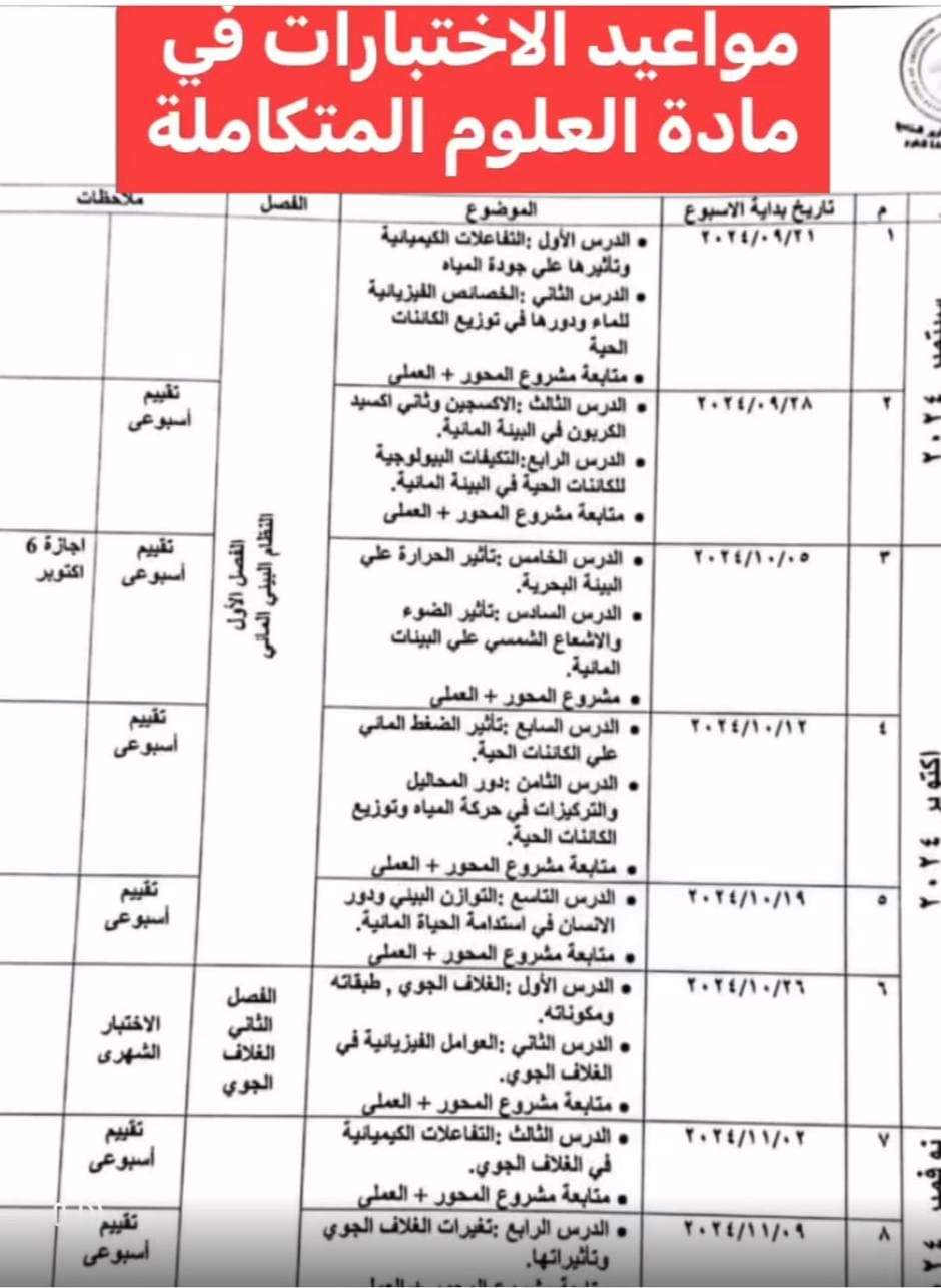 مواعيد اختبارات التقييمات الأسبوعية والاختبارات الشهرية لمادة العلوم المتكامله للصف الاول الثانوي