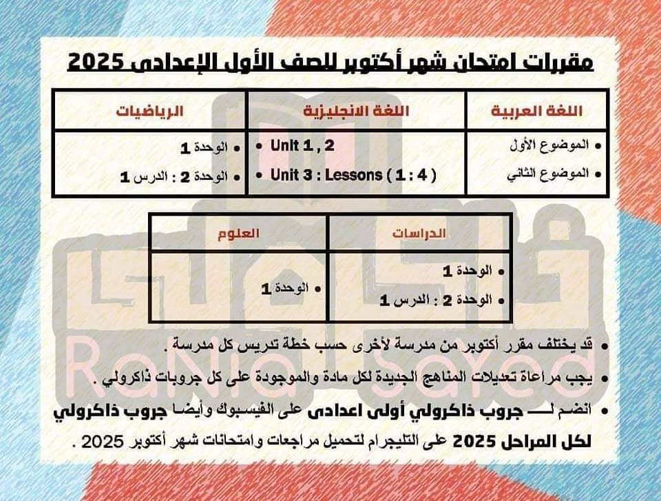 تحميل مقررات شهر اكتوبر 2025 لمواد الصف الاول الاعدادي - تحميل مراجعات اكتوبر