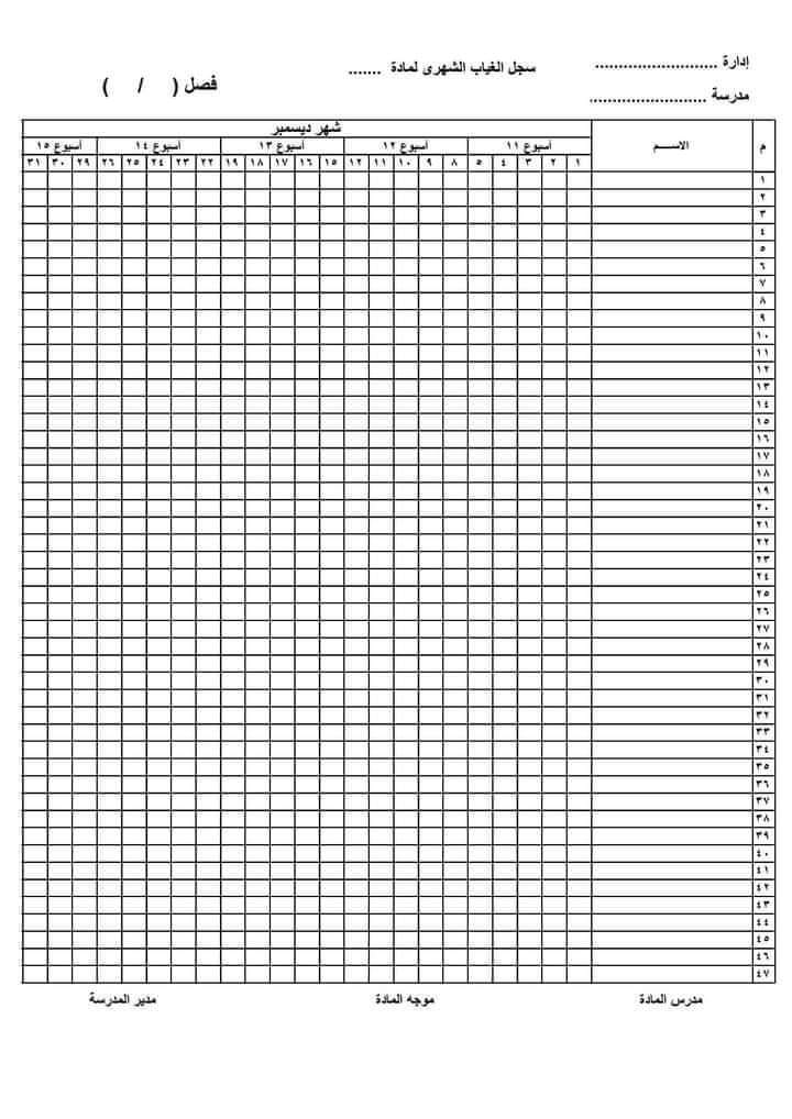 كشوف درجات التقييم و الغياب الأسبوعي 2025 حسب أخر تعليمات لمستشاري المواد بالوزارة