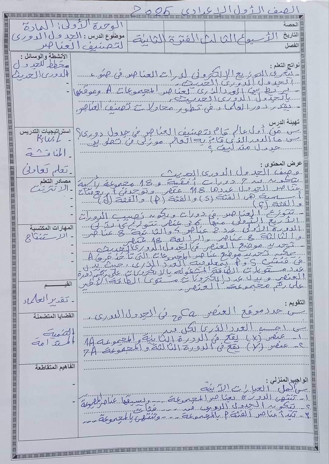 طريقة تحضير دروس العلوم الأسبوع الثالث للصف الأول الإعدادي الترم الاول 2025