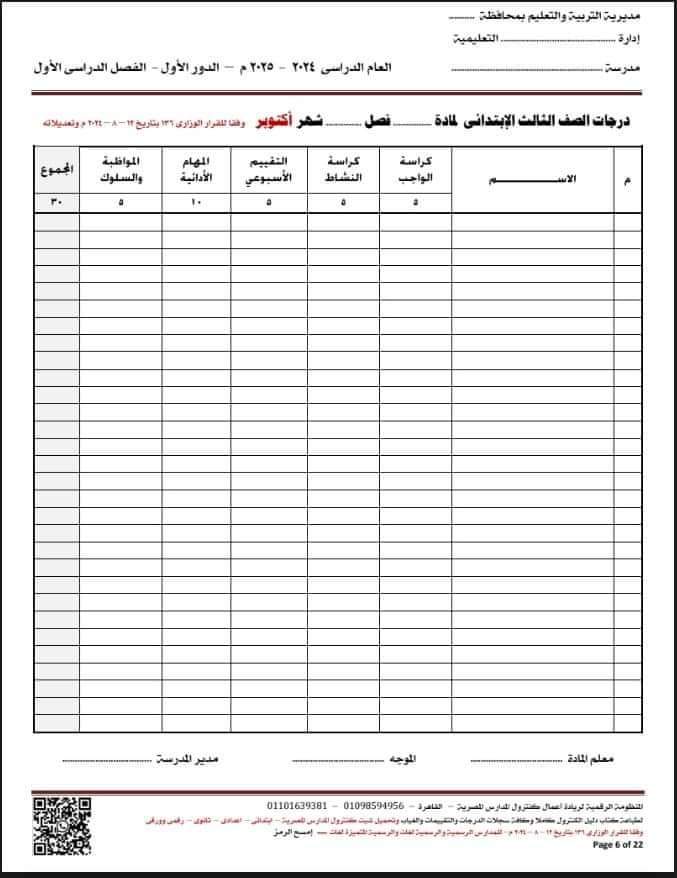 سجل درجات اعمال السنة وامتحانات الشهر الجديد لجميع الصفوف للعام الدراسي 2024 - 2025