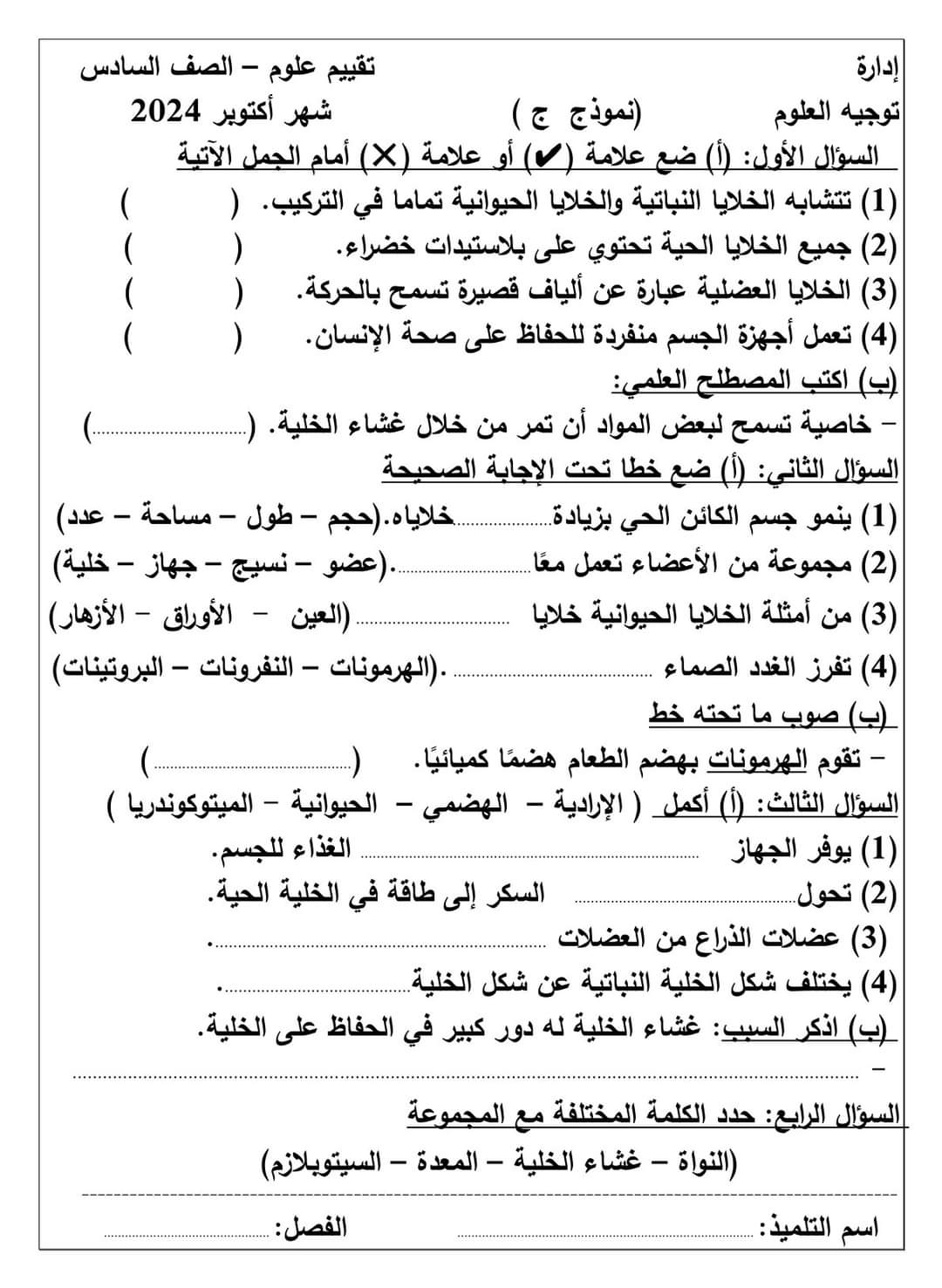 نماذج تقييم لشهر اكتوبر 2024 في العلوم للصفوف الرابع والخامس والسادس الابتدائي