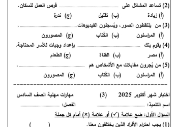 نماذج تقييم لشهر اكتوبر 2024 في المهارات المهنية للصفوف الرابع والخامس والسادس الابتدائي