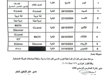 جدول امتحانات شهر اكتوبر 2024 لصفوف المرحلة الابتدائية كل المحافظات