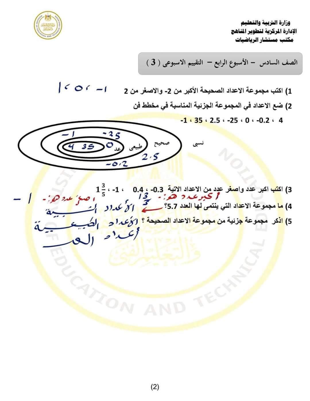 إجابة تقييم الرياضيات الاسبوع الرابع للصفوف الثالث والرابع والخامس والسادس الابتدائي الترم الاول