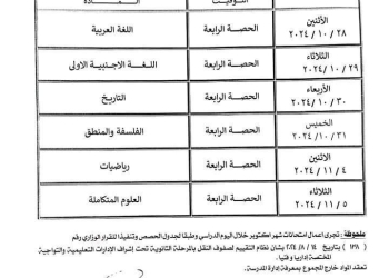 جدول امتحانات شهر اكتوبر 2024 للصفين الاول والثاني الثانوي كل المحافظات