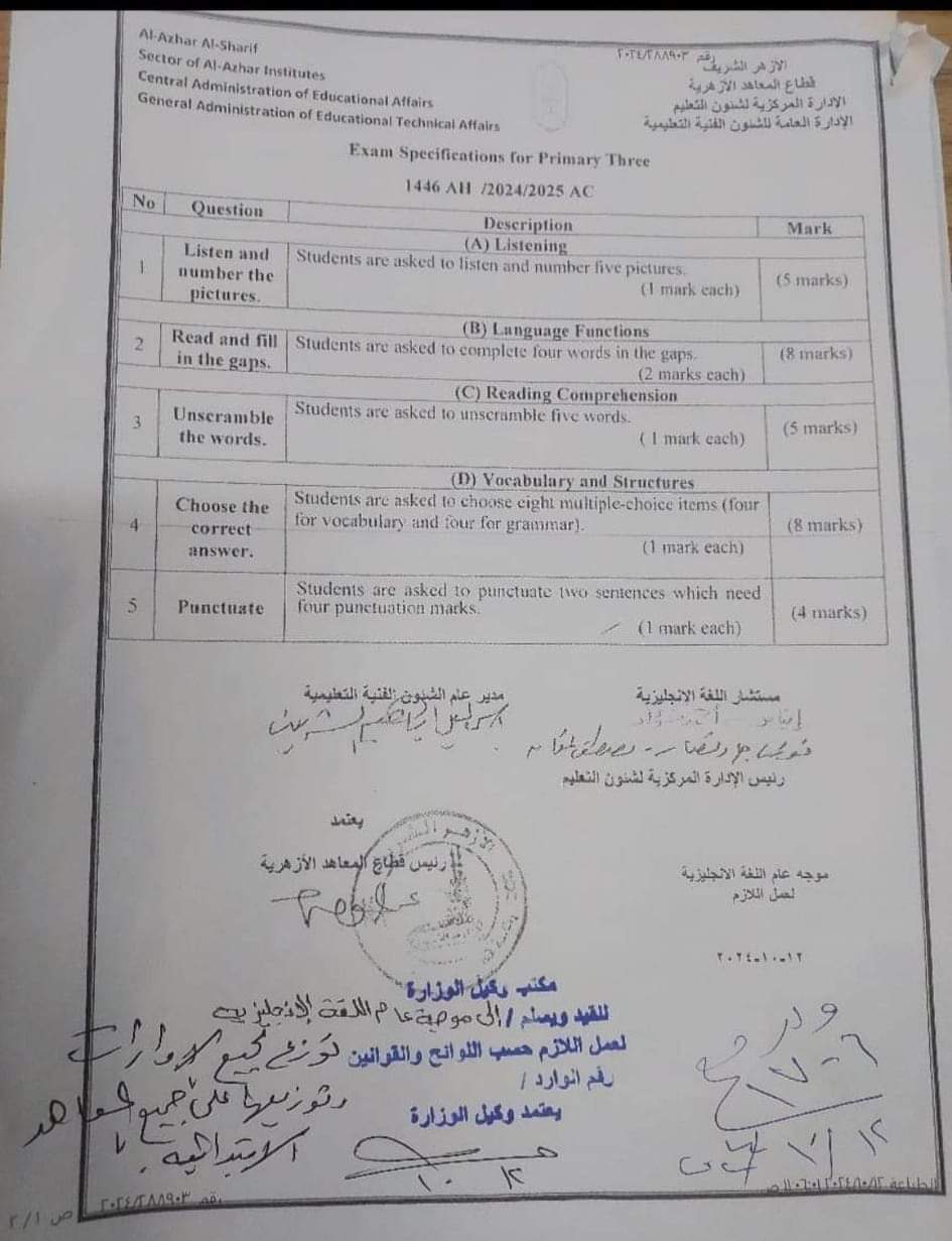 مواصفات الورقة الامتحانية لمادة اللغة الإنجليزية الصف الثالث الابتدائي 2025