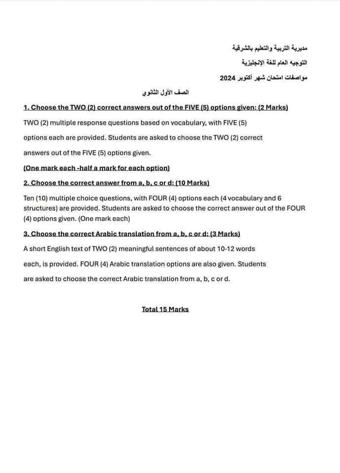 مواصفات الورقة الامتحانية لمادة اللغة الإنجليزية شهر اكتوبر 2024 الصفين الاول والثاني الثانوي