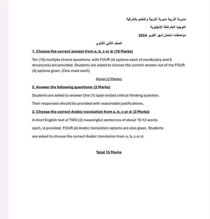 مواصفات الورقة الامتحانية لمادة اللغة الإنجليزية شهر اكتوبر 2024 الصفين الاول والثاني الثانوي