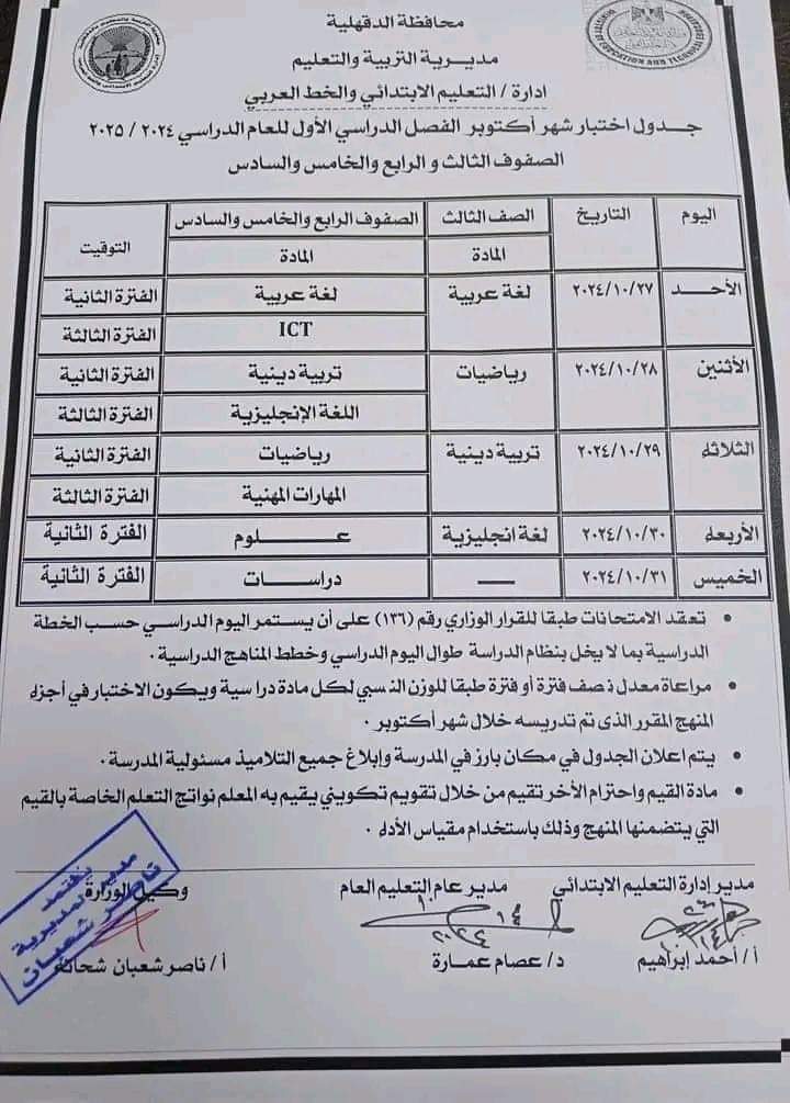 جداول امتحانات شهر اكتوبر 2024 محافظة الدقهلية لكل الصفوف