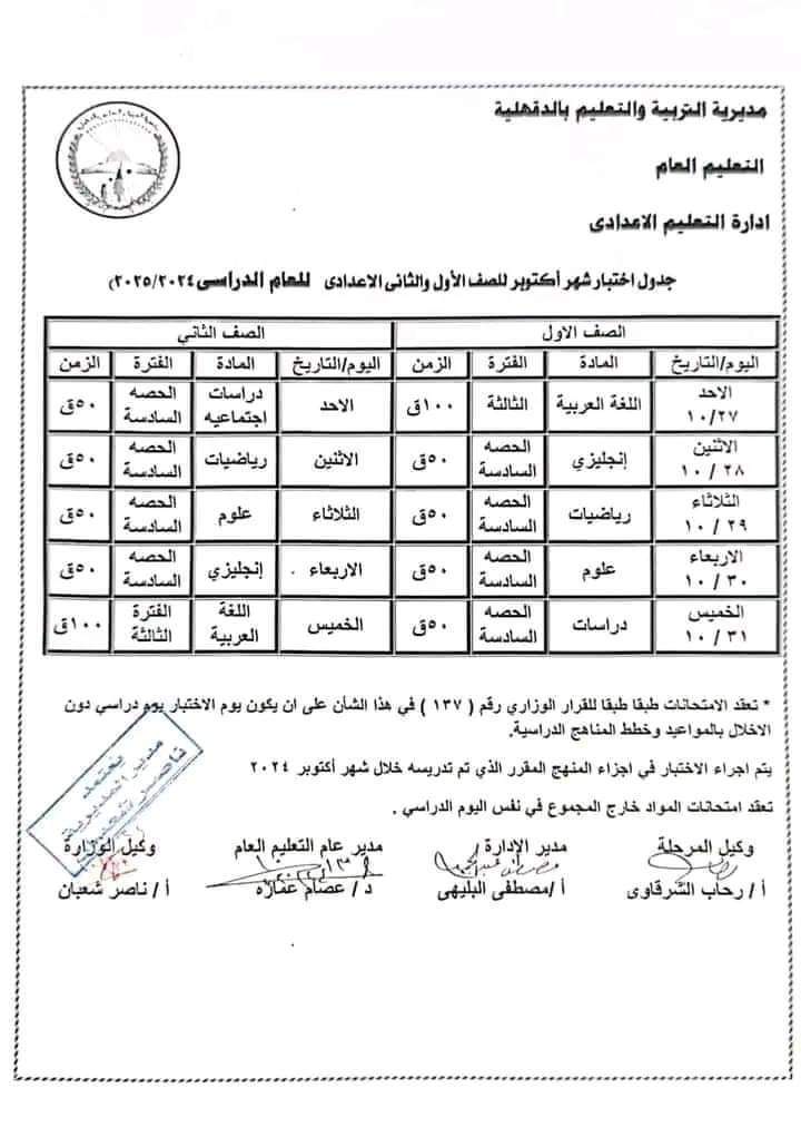 جداول امتحانات شهر اكتوبر 2024 محافظة الدقهلية لكل الصفوف