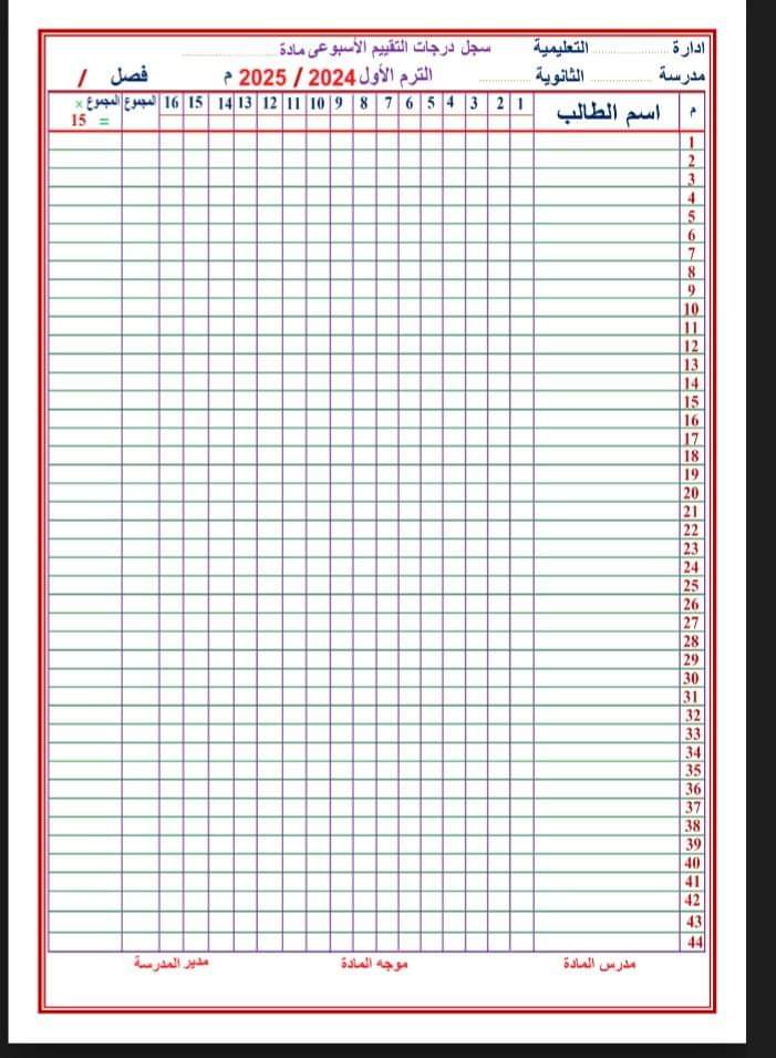 سجل درجات أعمال السنة للمرحلة الثانوية للعام الدراسي 2024 - 2025