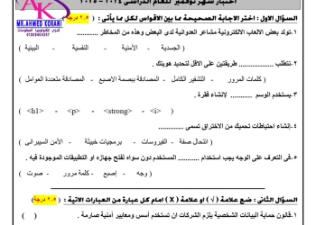 نماذج اختبارات تكنولوجيا المعلومات لشهر نوفمبر الصف السادس الابتدائي مع الاجابات