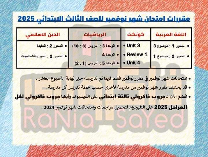 مقررات شهر نوفمبر 2024 لمواد الصف الثالث الابتدائي