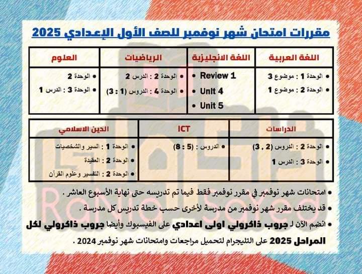 مقررات شهر نوفمبر 2024 لمواد الصف الاول الاعدادي