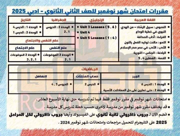 مقررات شهر نوفمبر 2024 لمواد الصف الثاني الثانوي الشعبة الأدبية