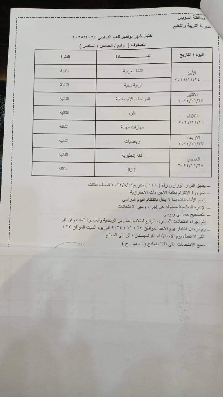 جداول امتحانات شهر نوفمبر 2024 لكل الصفوف